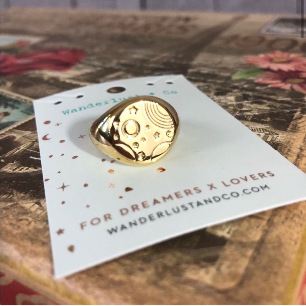 Wanderlust + Co 🌙 18K Gold Over S925, Adjustable “Orbit Signet” Ring - Picture 2 of 9